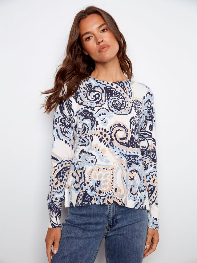 PRINTED SWEATER W/SIDE BUTTONS - ROCOCO