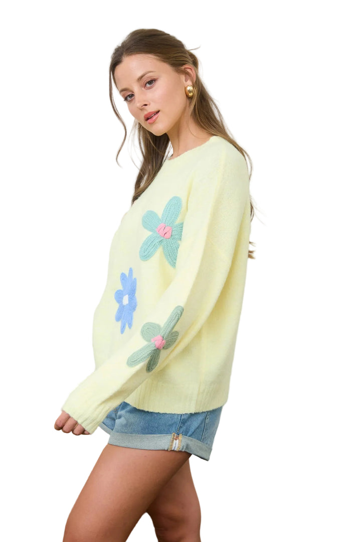 CROCHET FLORAL DETAIL KNIT SWEATER - BUTTER YELLOW