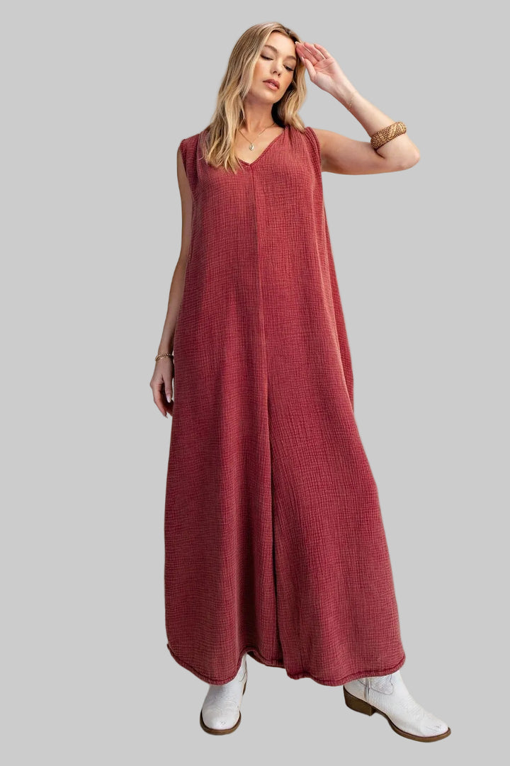 MINERAL WASHED COTTON GAUZE JUMPSUIT - MULBERRY
