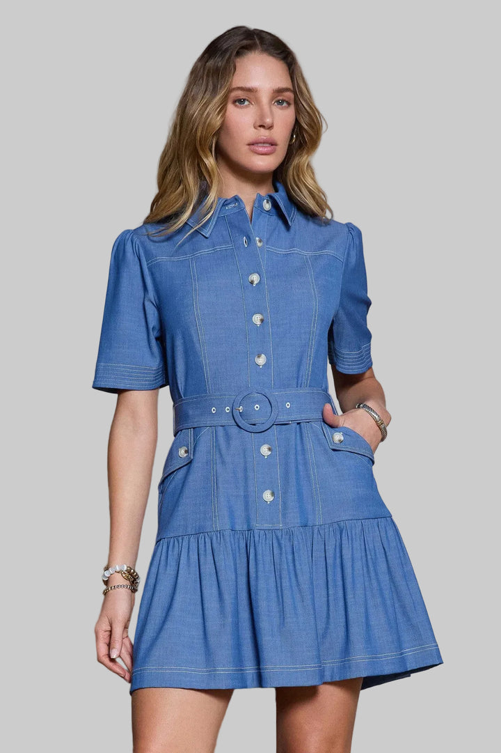 COLLARED BUTTON UP TIERED SHORT DRESS W/BELT - BLUE