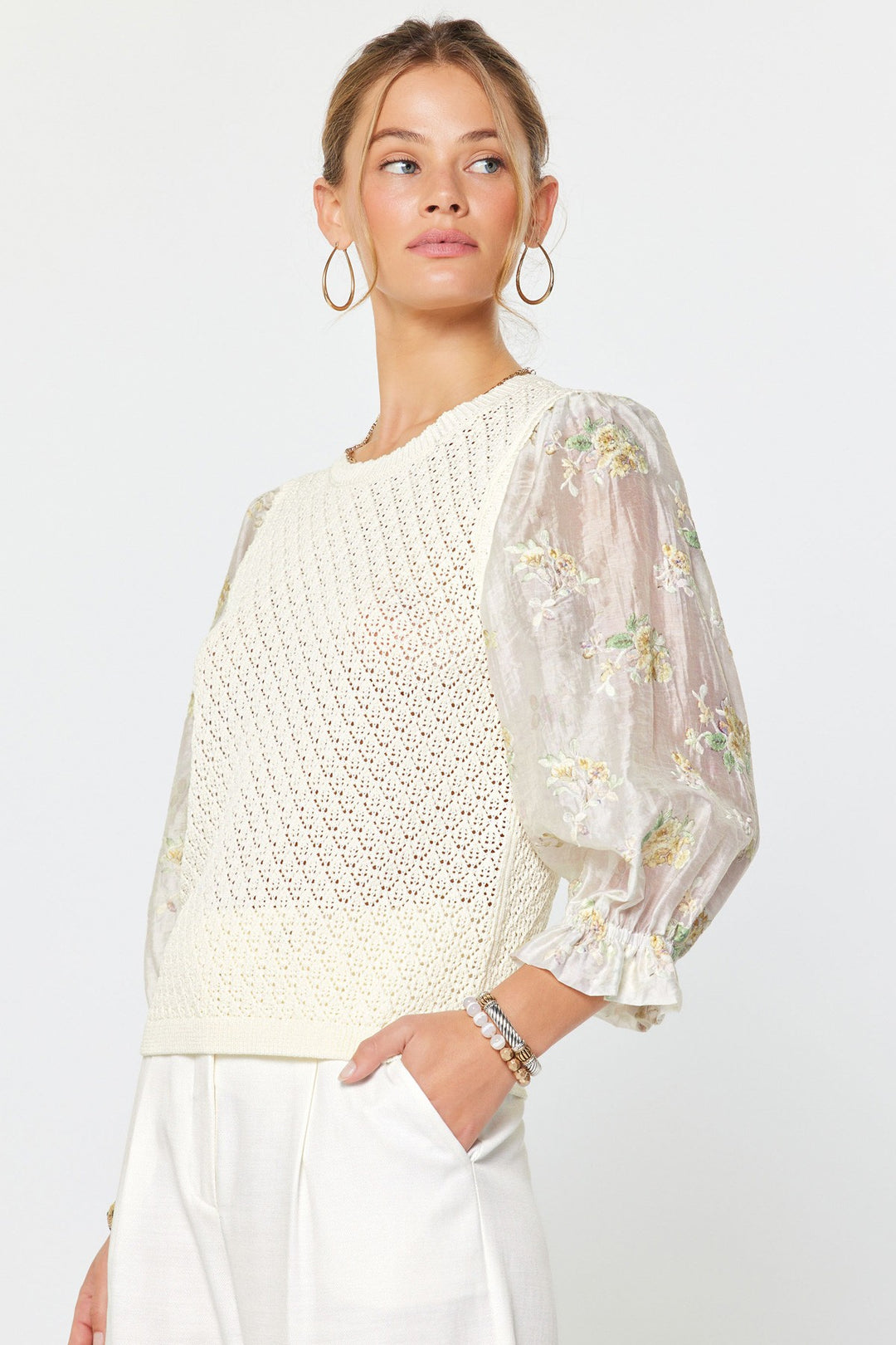 3/4 SLEEVE SCALLOP EDGE OPEN SWEATER - IVORY
