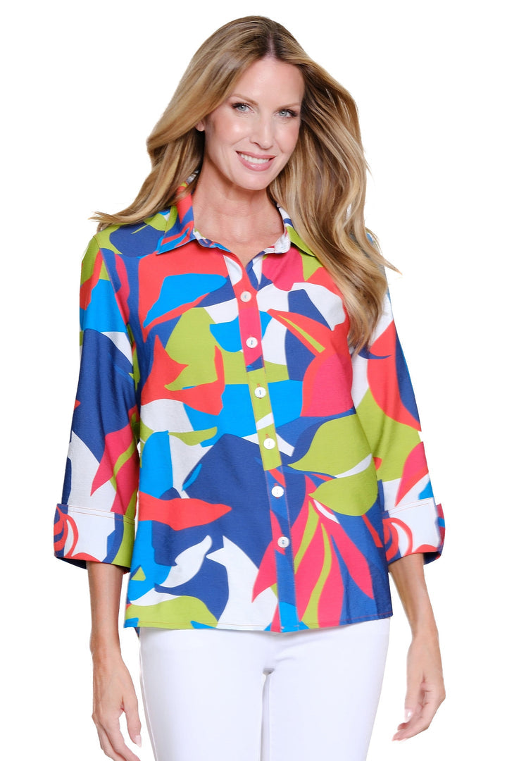 TURN-UP 3/4 SLEEVE BUTTON FRONT HI/LOW SHIRT - BOLD PRINT BLUE/LIME/CORAL