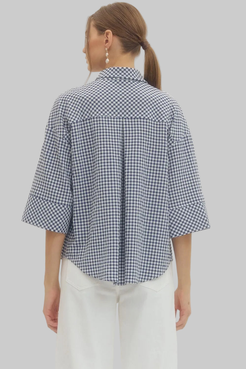 3/4 SLEEVE COLLARED BUTTON FRONT GINGHAM TOP - NAVY