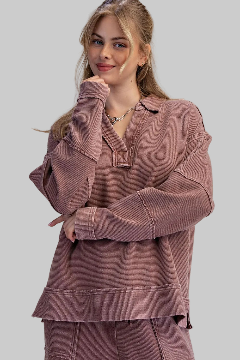 LONG SLEEVE TEXTURED THERMAL PULLOVER - HOT CHOCOLATE