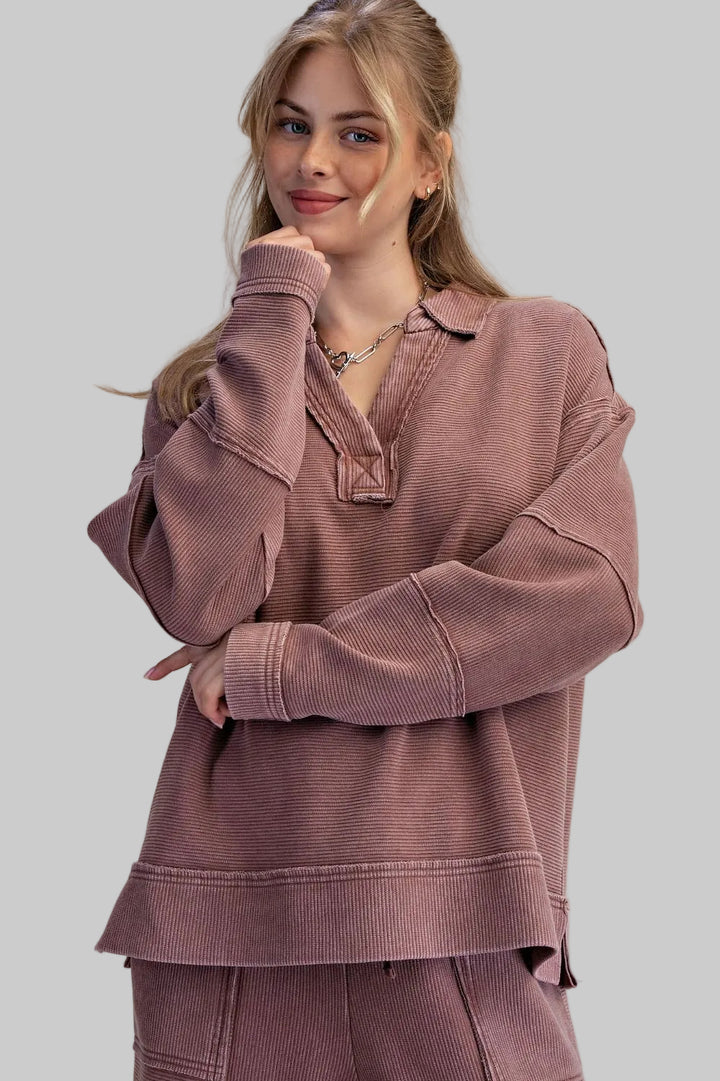 LONG SLEEVE TEXTURED THERMAL PULLOVER - HOT CHOCOLATE