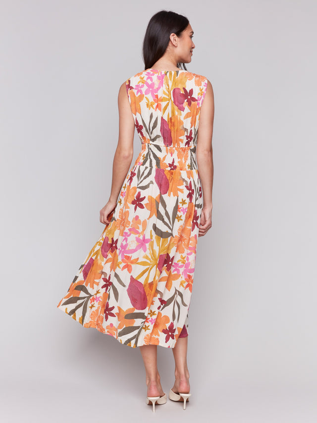 PRINTED SLEEVELESS EMPIRE WAIST DRESS - BOUQUET