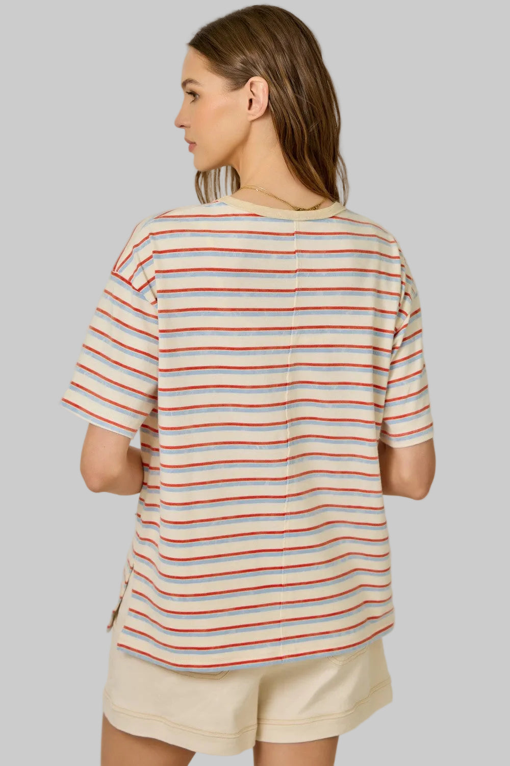 SHORT SLEEVE STRIPED PALM TREE APPLIQUE TEE - IVORY/EMERALD