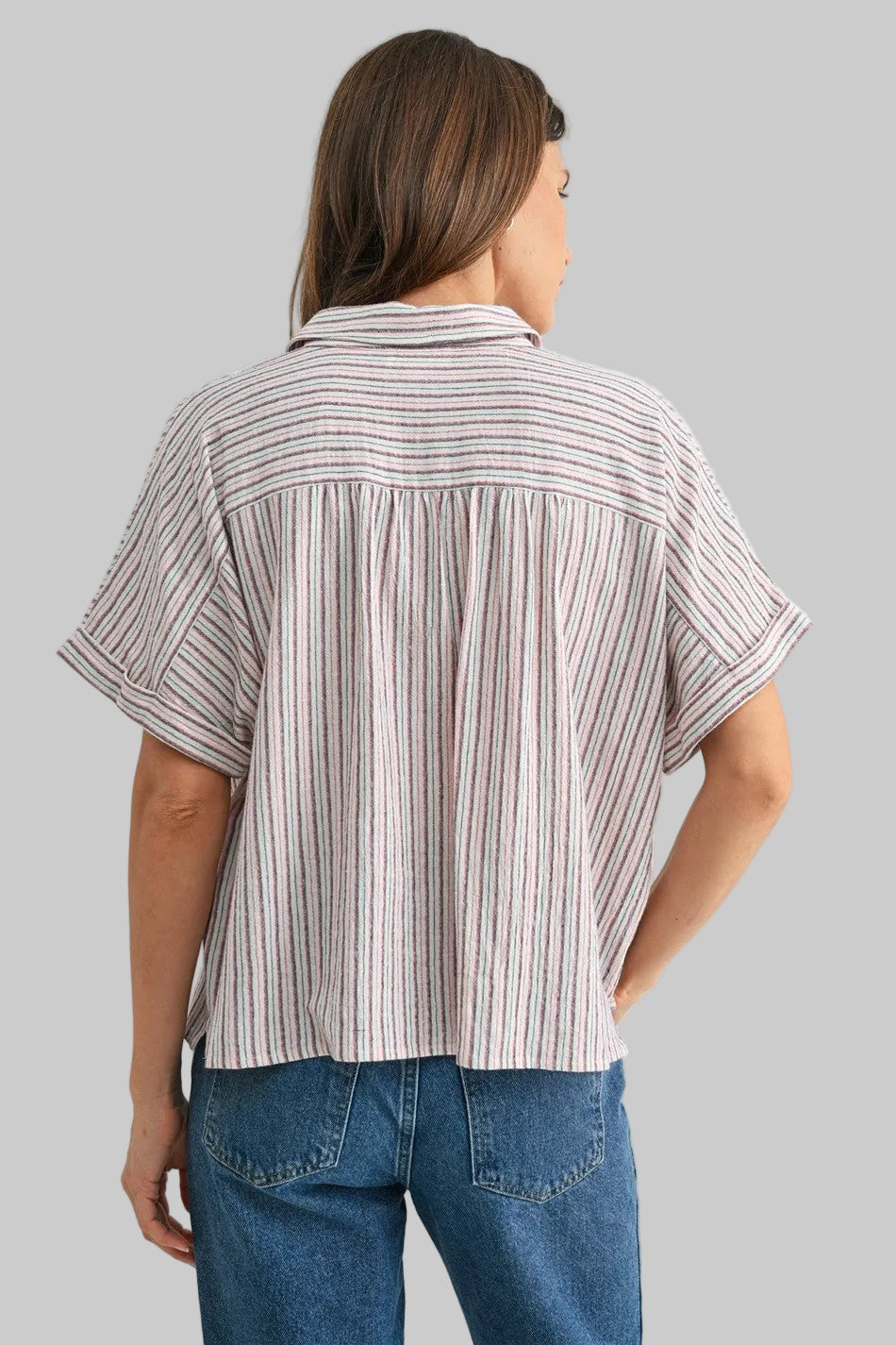 SHORT SLEEVE STRIPED COLLARED BUTTON FRONT TOP - NAVY