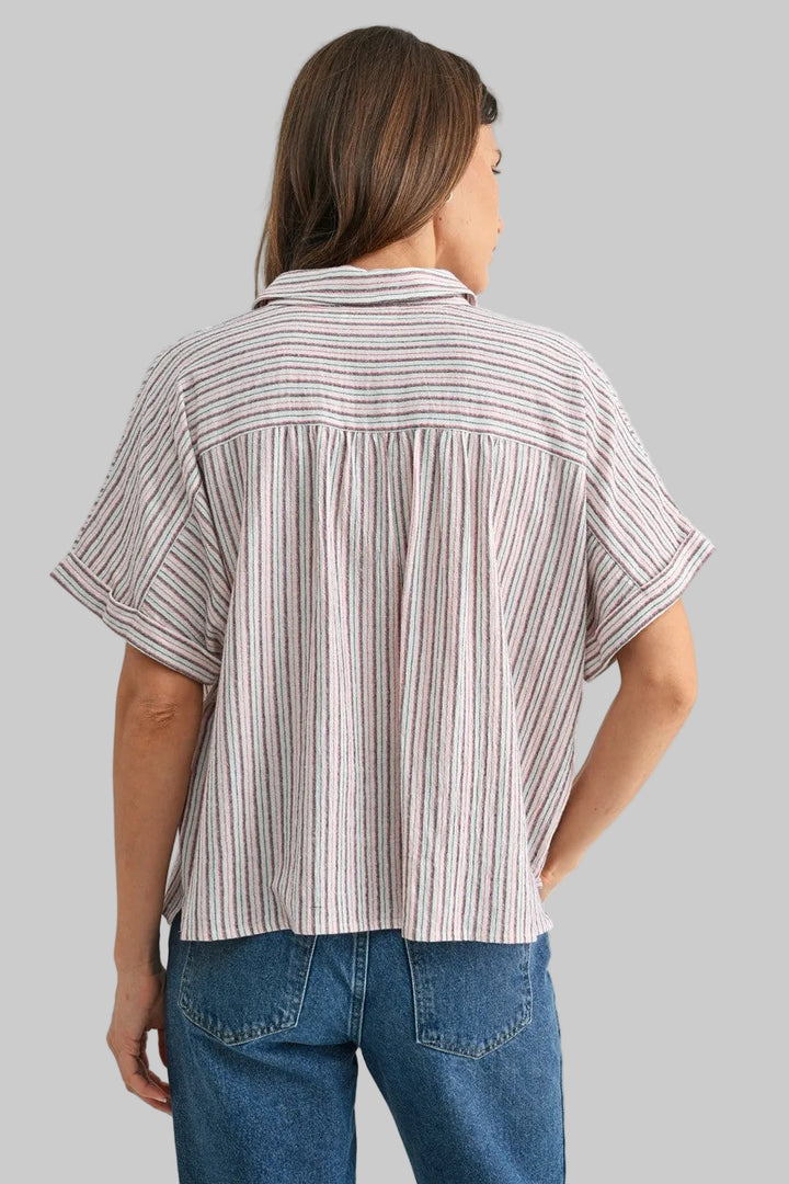 SHORT SLEEVE STRIPED COLLARED BUTTON FRONT TOP - NAVY