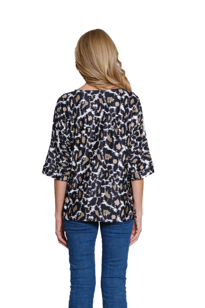 CUFFED ELBOW SLEEVE TIE WAIST TOP - ANIMAL PRINT BLACK/BEIGE