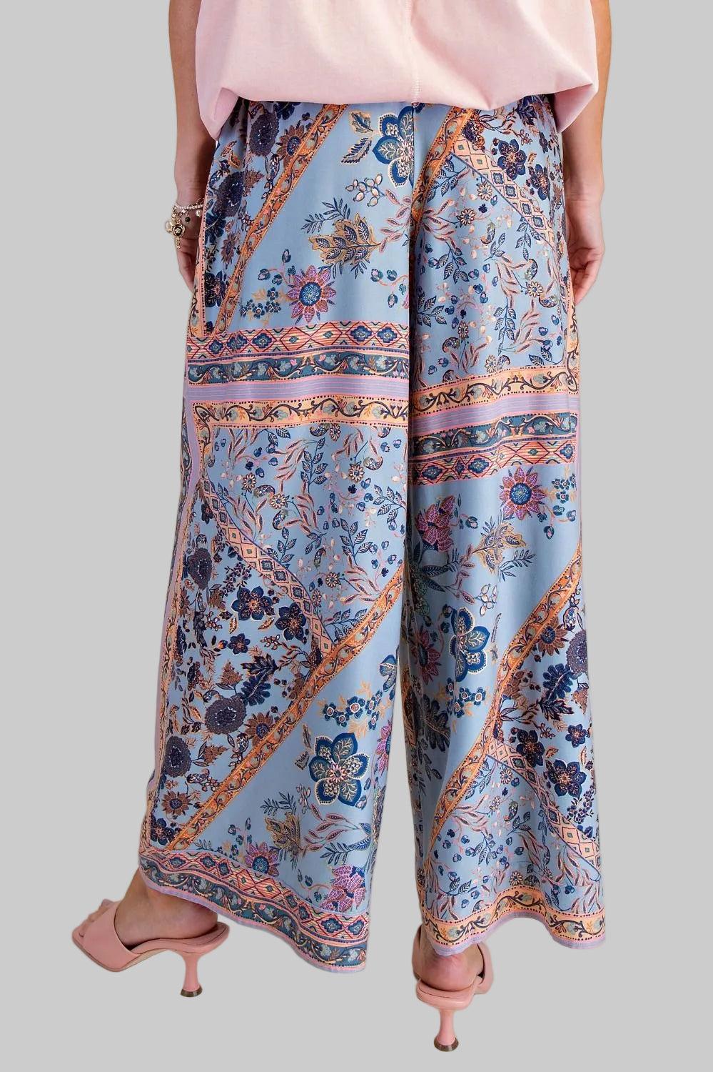 GEOMETRIC PRINT RAYON WIDE LEG PANTS - BLUE