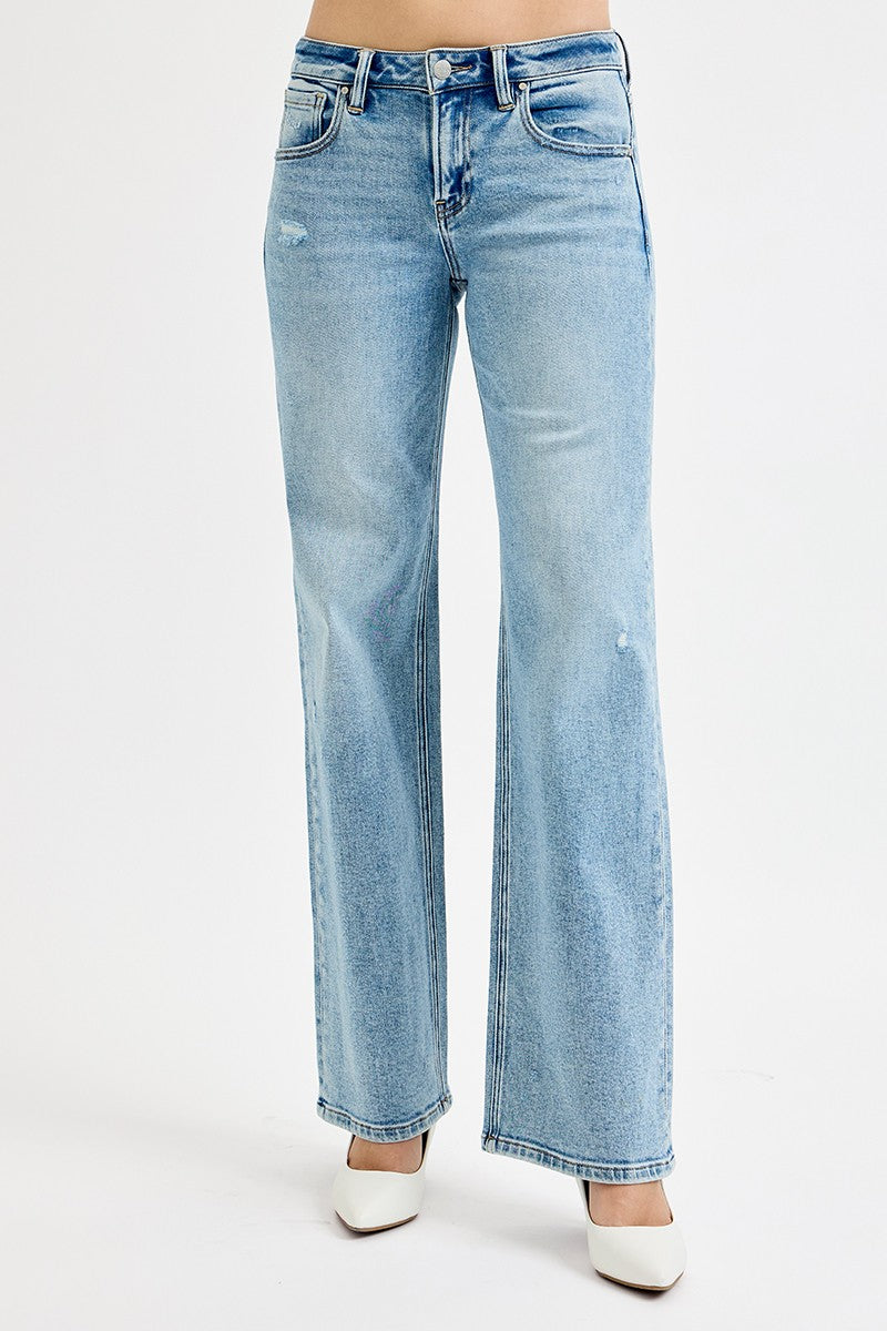 RISEN LOW RISE WIDE LEG JEANS - 32" INSEAM - MEDIUM ACID WASH