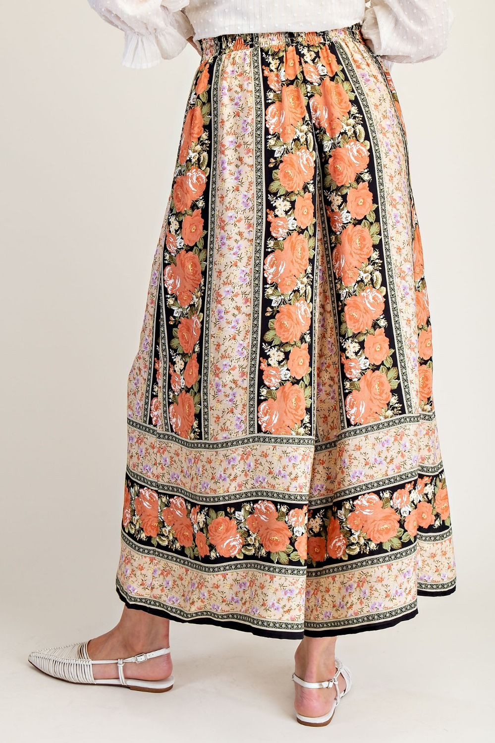 BORDER PRINT FLOWY WIDE LEG PANTS - BLACK