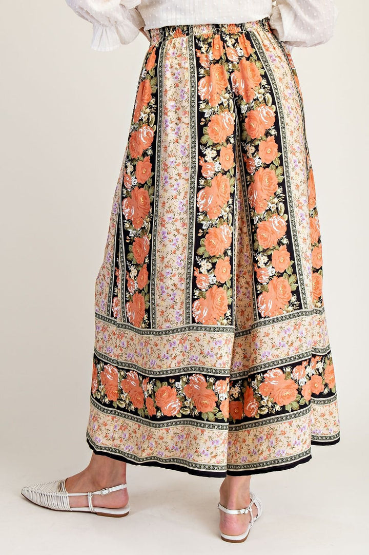 BORDER PRINT FLOWY WIDE LEG PANTS - BLACK