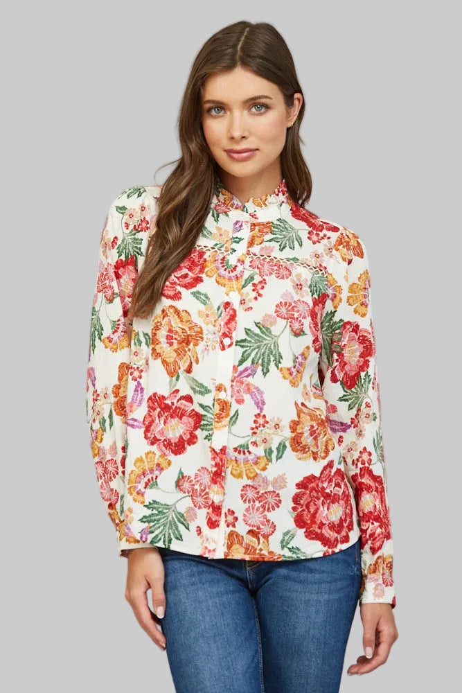RUFFLE COLLAR BUTTON DOWN BLOUSE - BEIGE MULTI