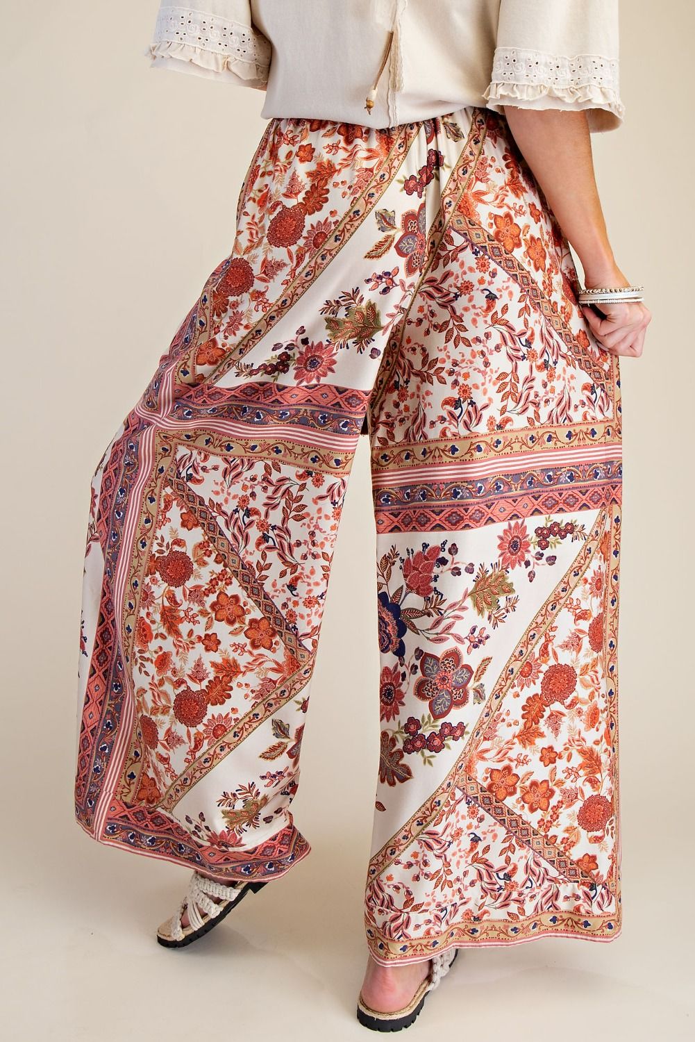 PRINTED STRETCH RAYON LINEN PANTS - KHAKI/MAUVE