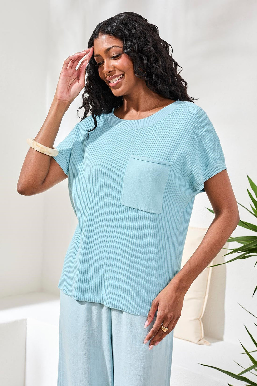 SHORT SLEEVE DOLMAN SWEATER W/POCKET - LIGHT AQUA SKY