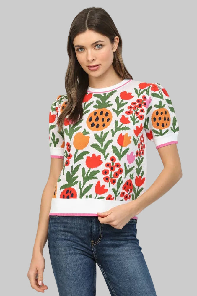 SHORT SLEEVE KNIT TROPICAL SWEATER - WHITE