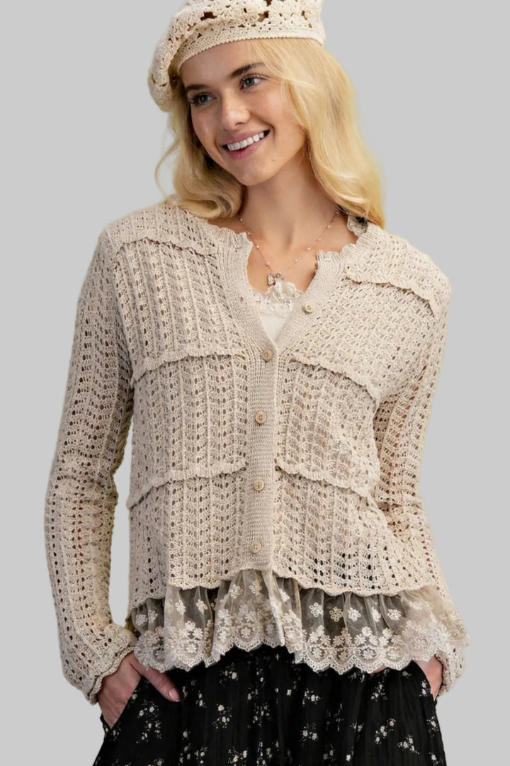 L/S LACE BOTTOM KNIT CARDIGAN - NATURAL