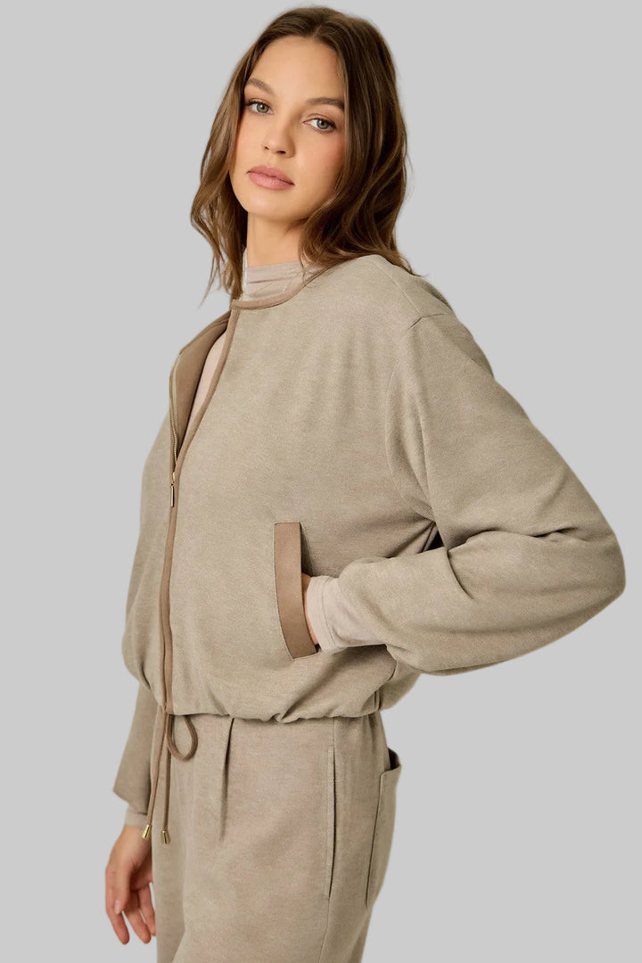 SUEDE ACCENT BUBBLE HEM JACKET - STONE