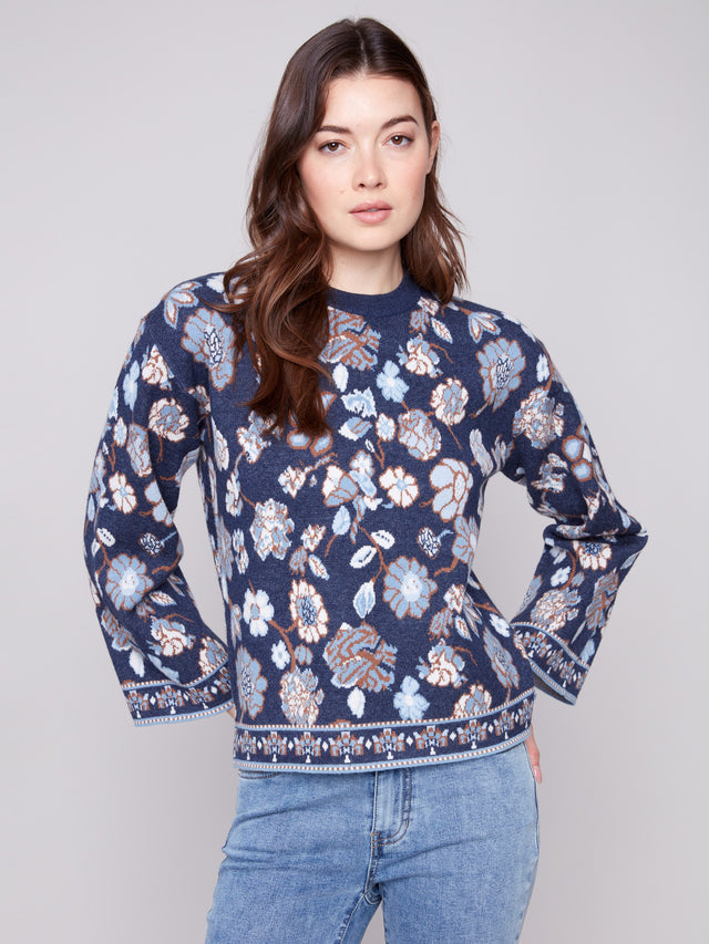 LONG SLEEVES CREW NECK JACQUARD SWEATER - FLORAL