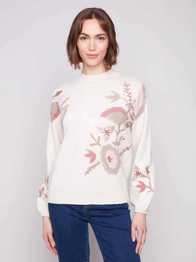 MOCK NECK SWEATER WITH PLACED PRINT - NATURAL