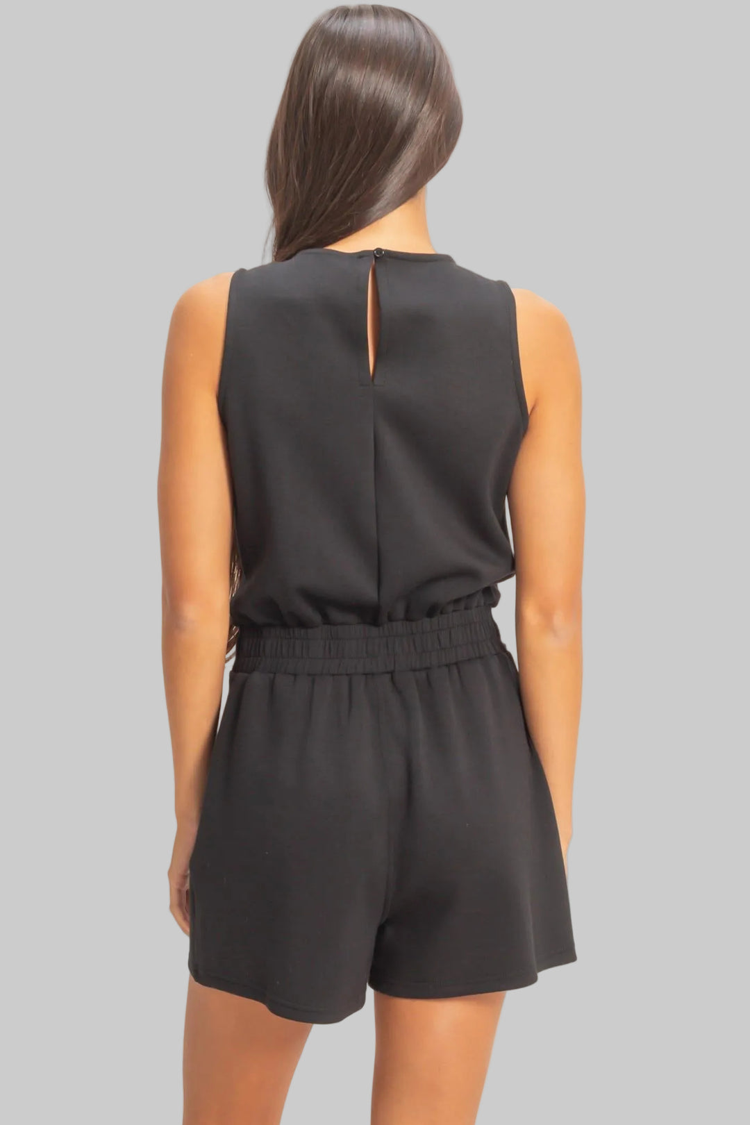 SLEEVELESS DRAWSTRING WAIST ROMPER - BLACK