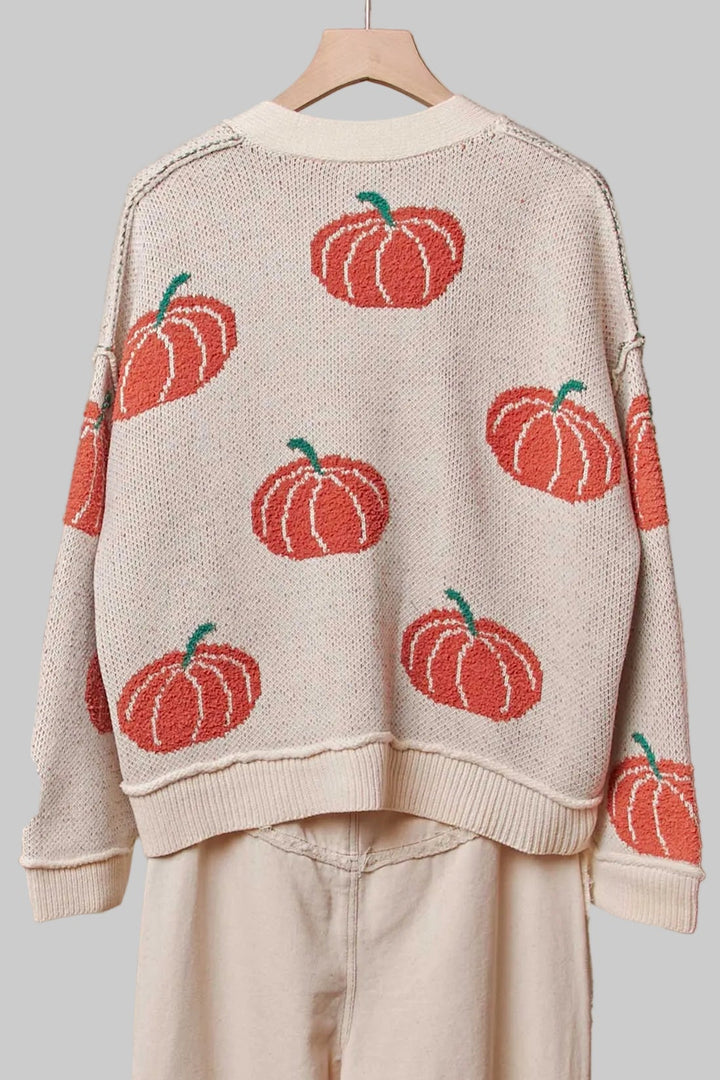 PUMPKIN BUTTON V-NECK KNIT CARDIGAN - IVORY