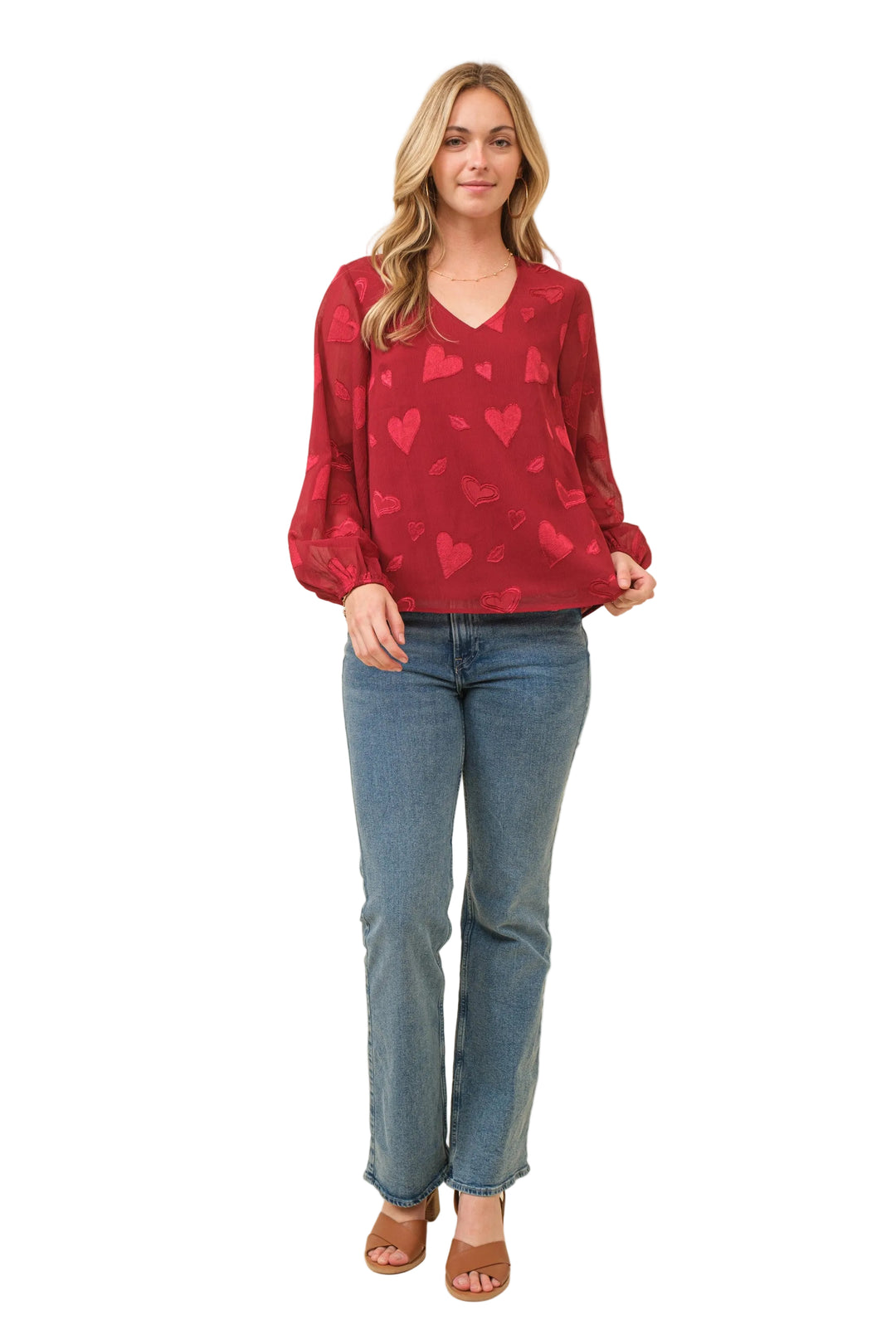 EMBROIDERED HEART CHIFFON LONG SLEEVE TOP - WINE