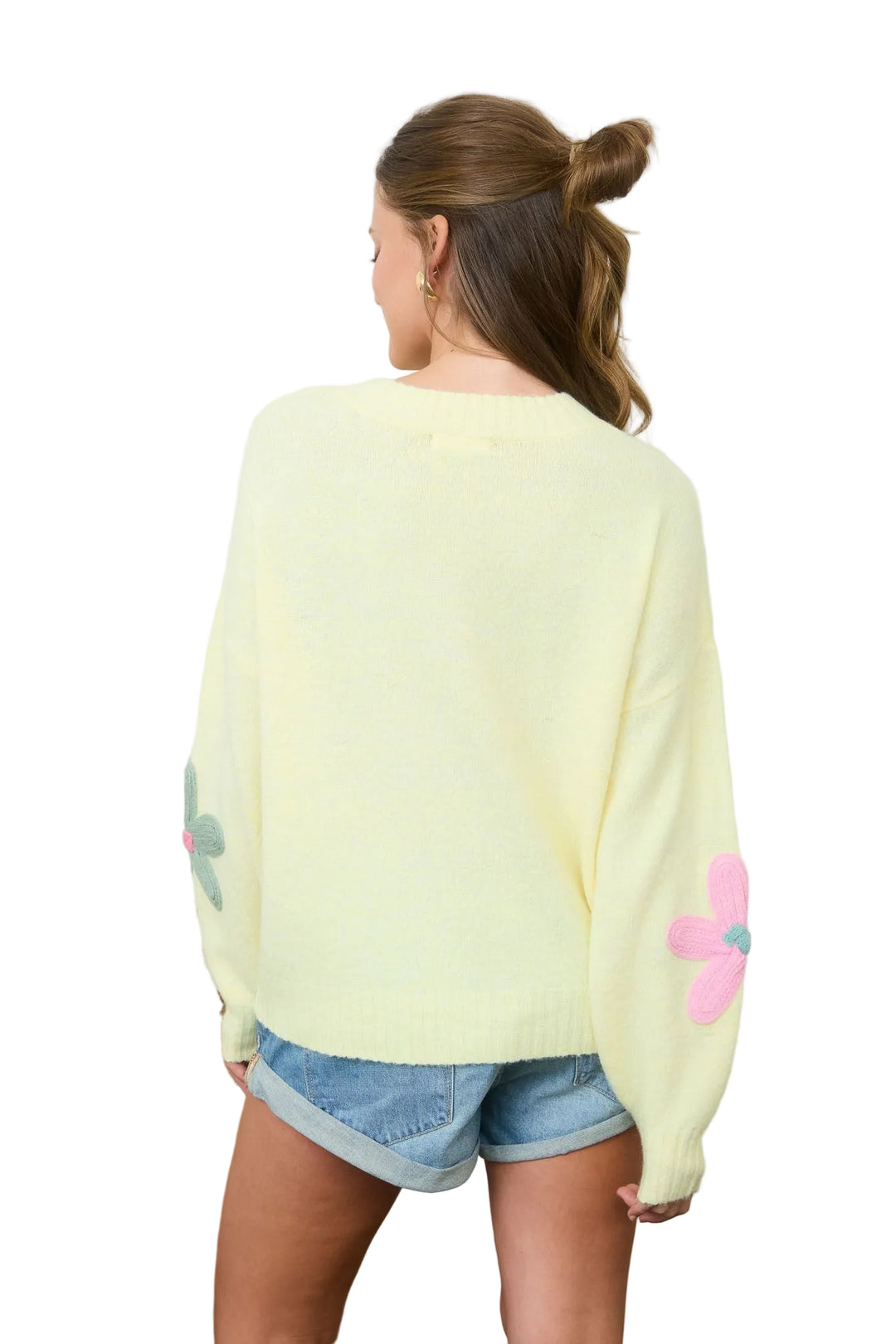 CROCHET FLORAL DETAIL KNIT SWEATER - BUTTER YELLOW