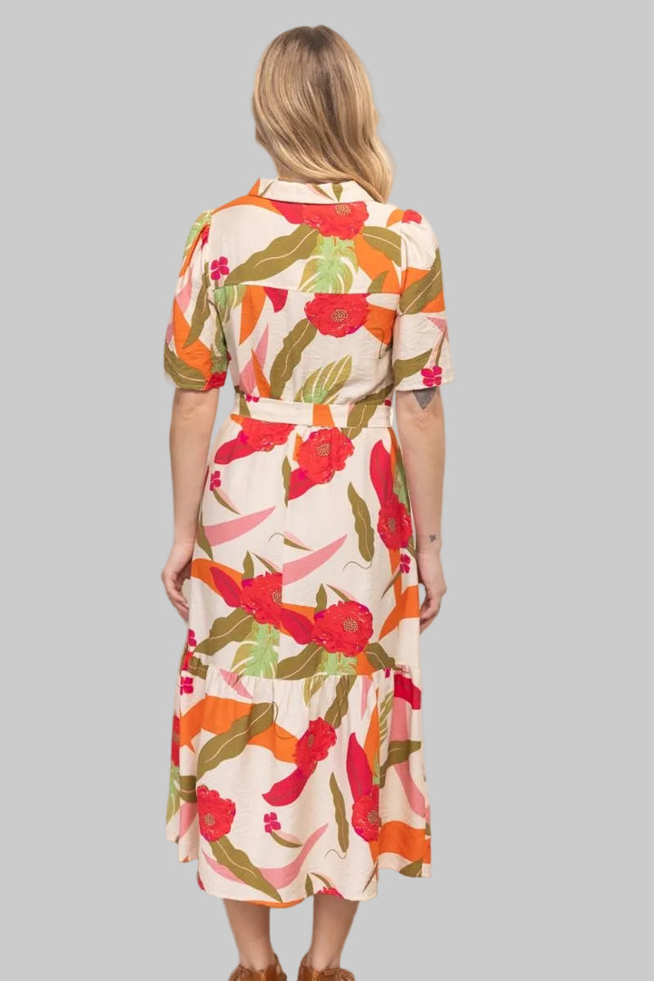 SHORT BUBBLE SLEEVE ZIP FRONT FLORAL MIDI DRESS - CREAM