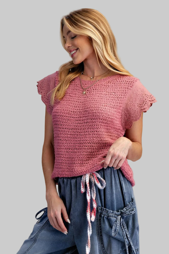 WING SHORT SLEEVE KNITTED SWEATER TOP - LIPSTICK PINK