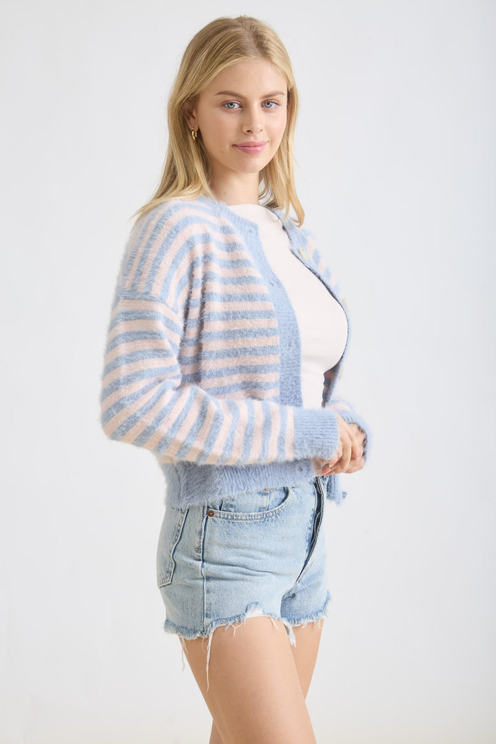 STRIPED FUZZY KNIT CARDIGAN - BLUE