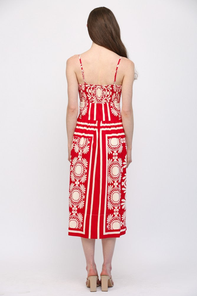 SLEEVELESS FITTED BODICE MIDI DRESS - RED/IVORY