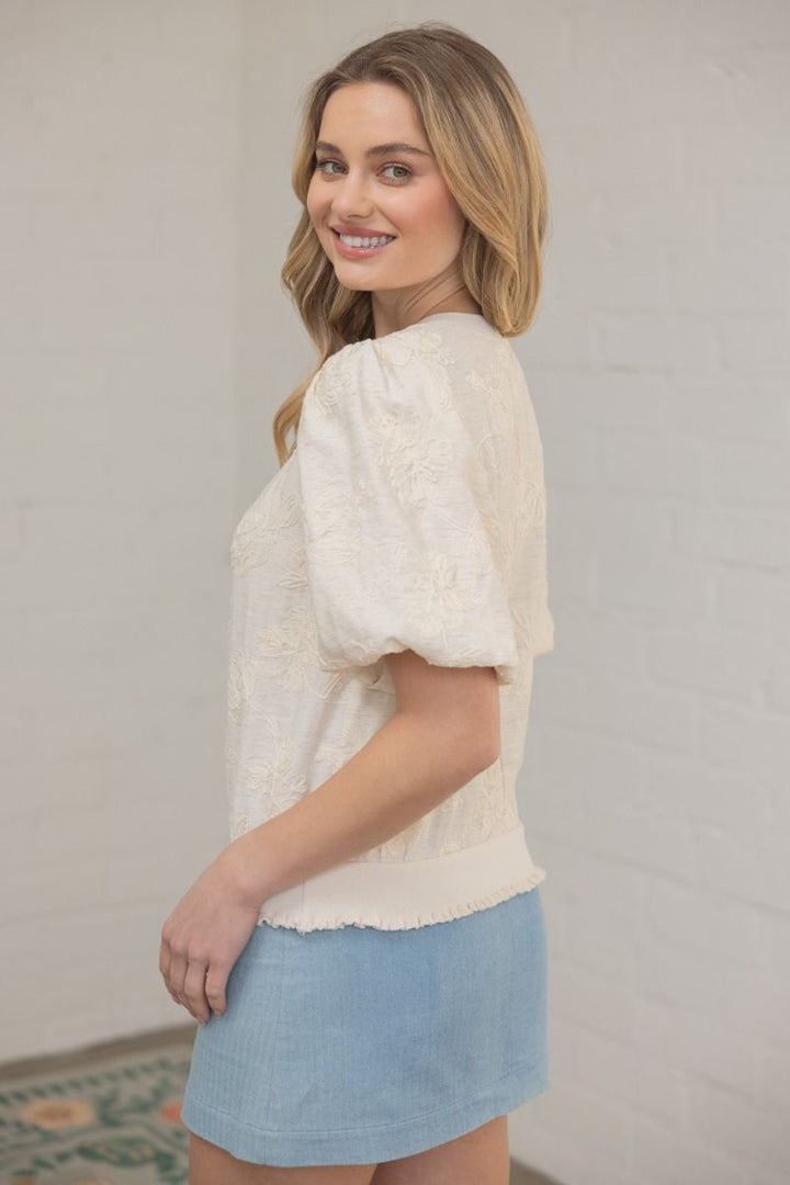 BUBBLE SLEEVE FLORAL EMBROIDERED BANDED TOP - CREAM