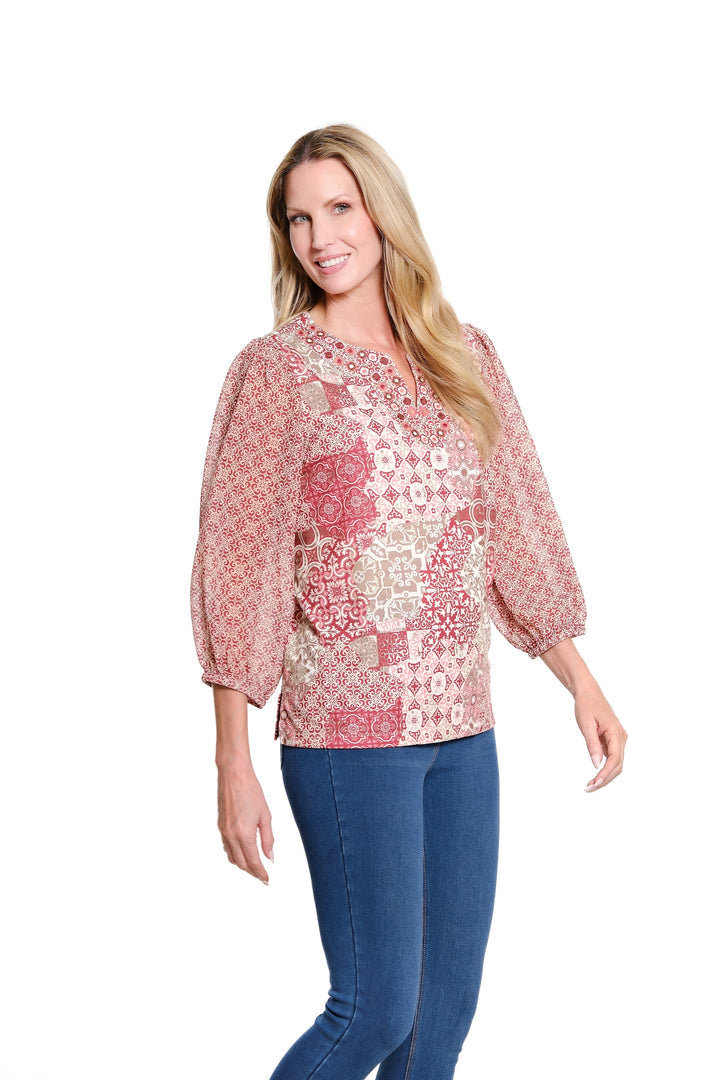 3/4 SLEEVE NOTCH NECK EMBROIDERED TOP - ABSTRACT BURG/COCOA