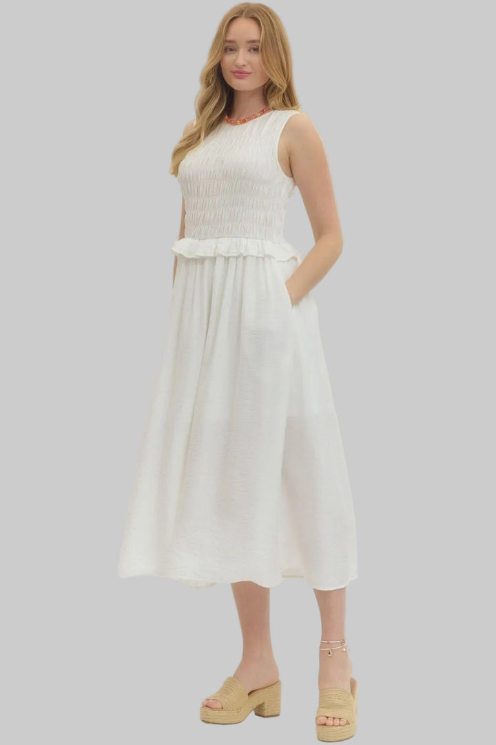 SLEEVELESS SMOCKED BODICE MAXI DRESS - IVORY