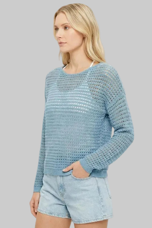 WIDE CREW NECK FISH NET CROCHET TOP - DENIM