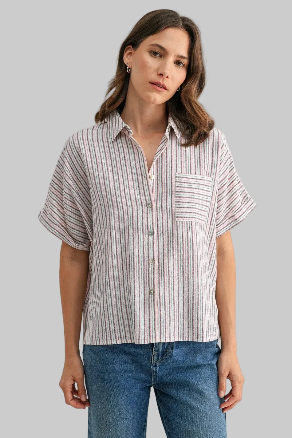 SHORT SLEEVE STRIPED COLLARED BUTTON FRONT TOP - NAVY