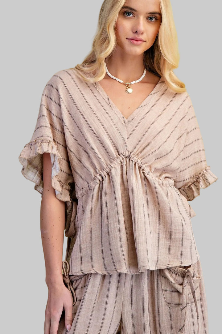 WING SLEEVE STRIPED COTTON GAUZE TOP - MOCHA