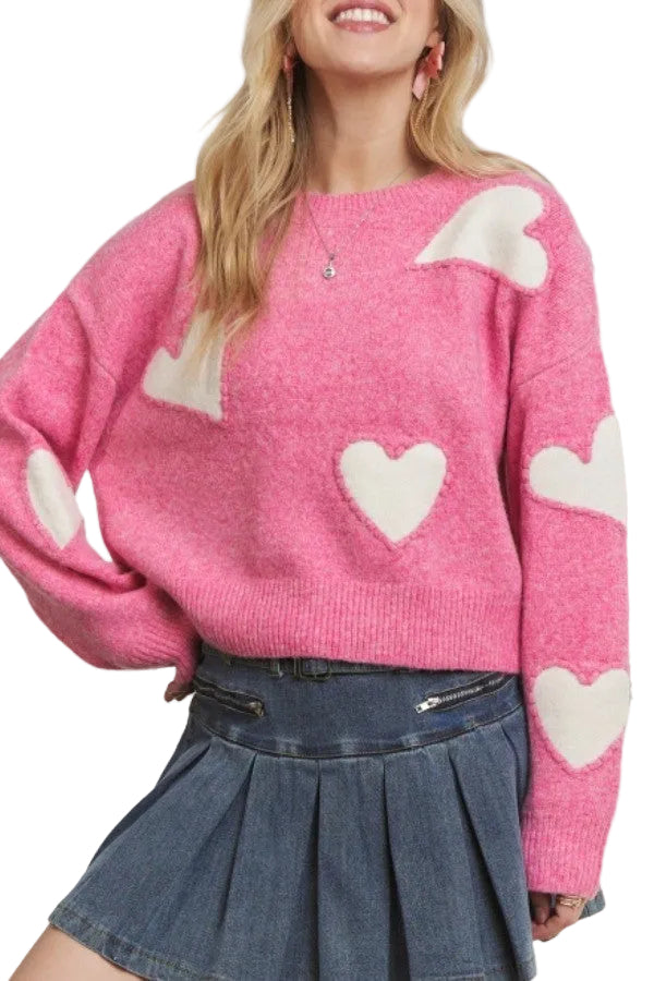 LONG SLEEVE HEART SWEATER - PINK/IVORY