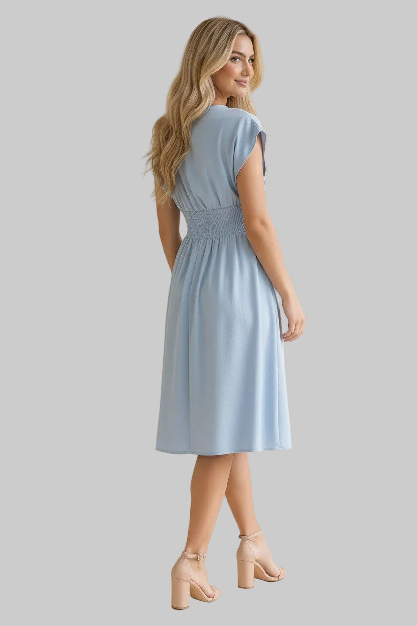 CAP SLEEVE V-NECK PLEATED WOVEN DRESS - BLUSH