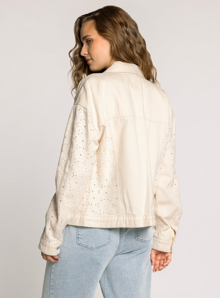 COLLARED EYELET DETAIL DENIM JACKET - CREAM