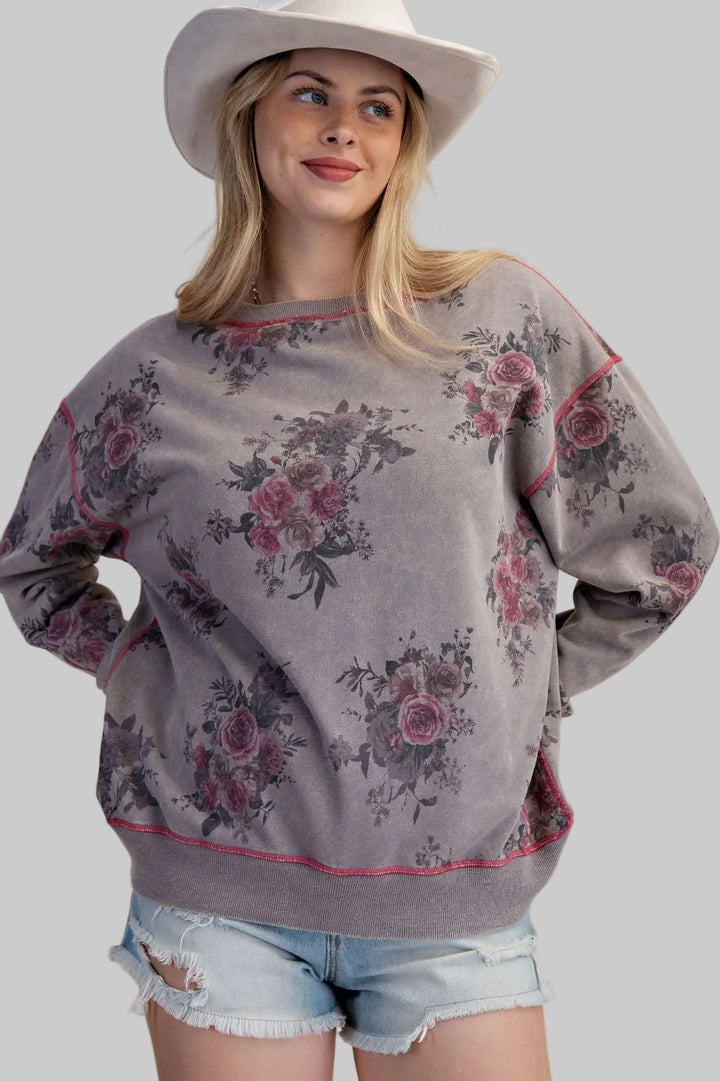 L/S FLORAL PRINT WASHED TERRY OVERSIZED PULLOVER - ASH