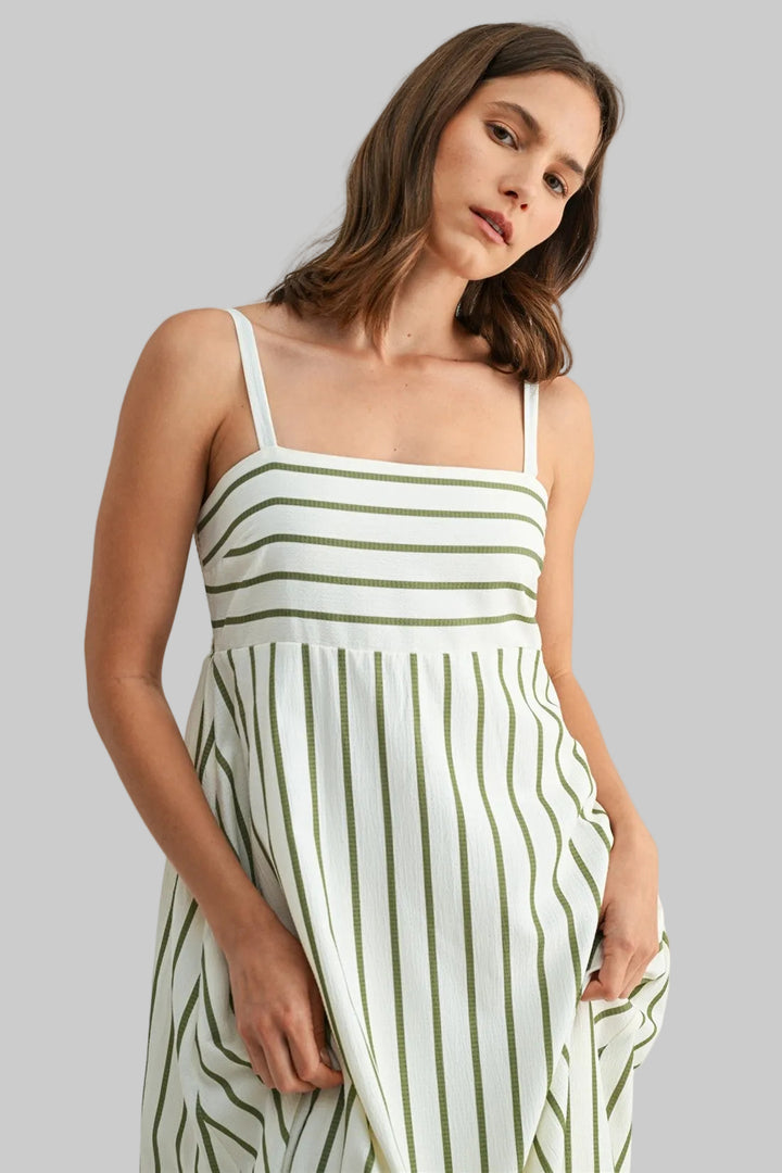 SPAGHETTI STRAP STRIPED MIDI DRESS - OLIVE