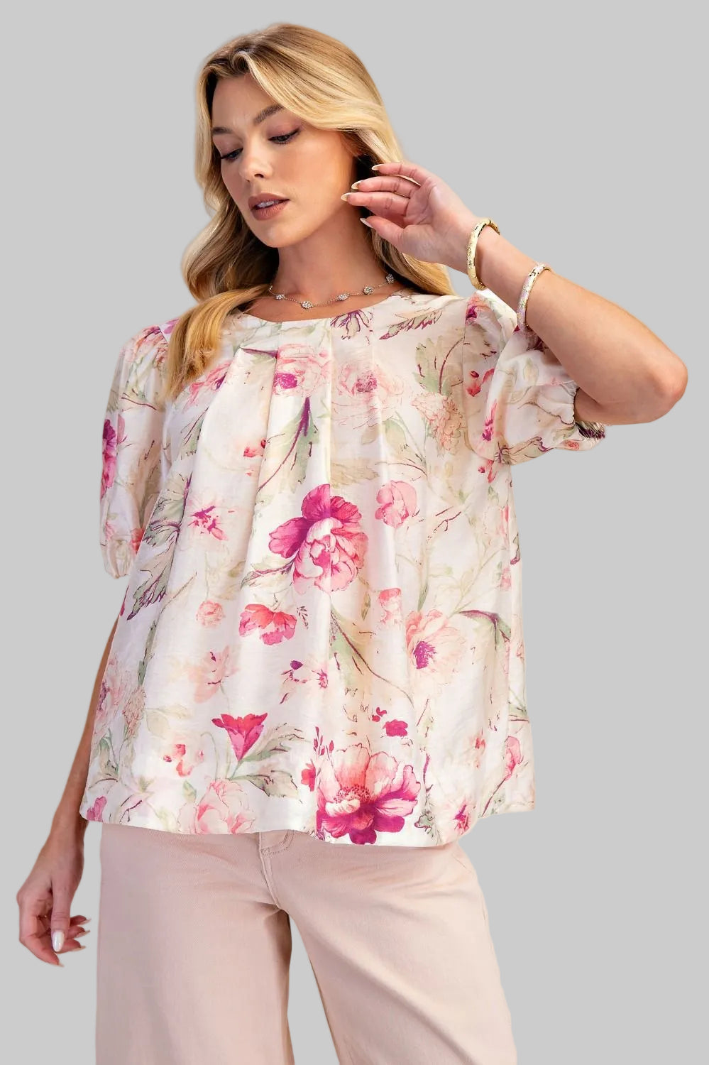 PUFF SHORT SLEEVE FLORAL BOW BACK TOP - NATURAL