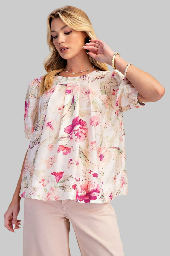 PUFF SHORT SLEEVE FLORAL BOW BACK TOP - NATURAL