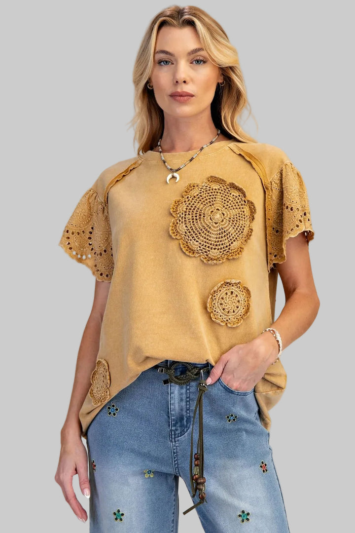 LACE SLEEVE CROCHET PATCH TERRY KNIT TOP - WALNUT