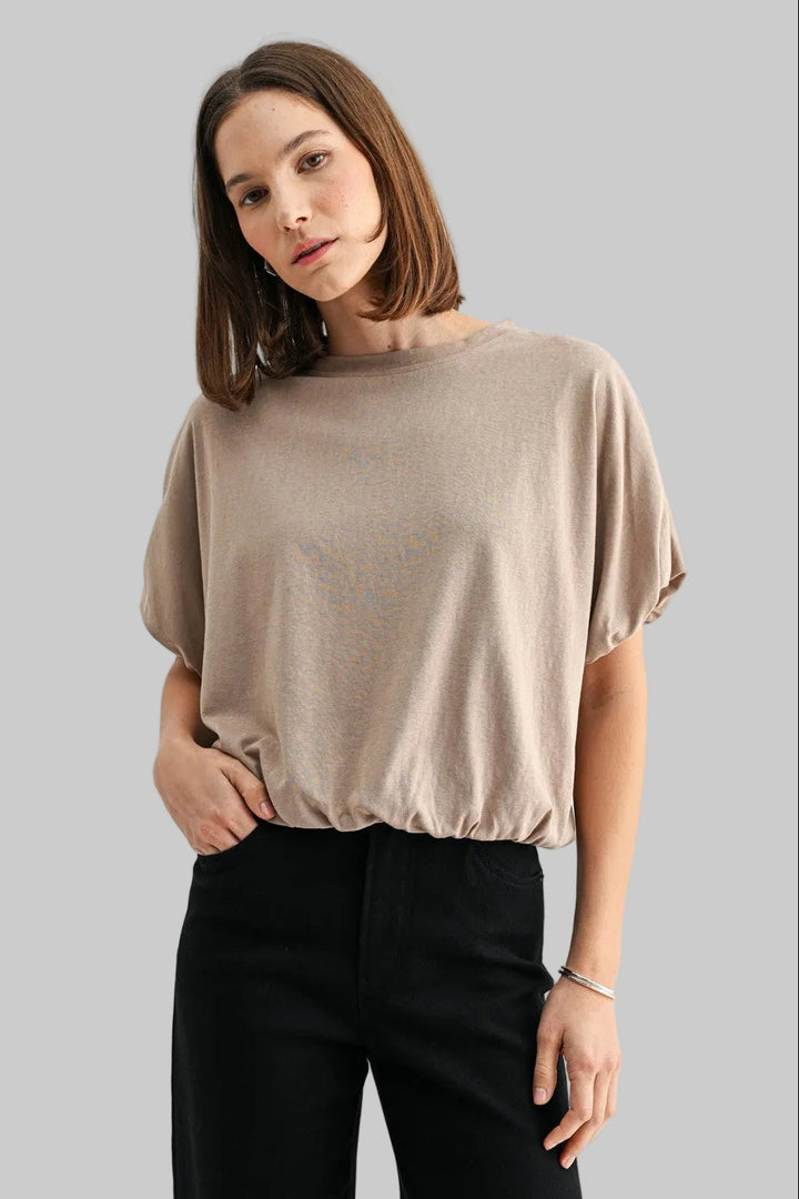 BALLOON SLEEVE ELASTIC HEM TOP - TAUPE