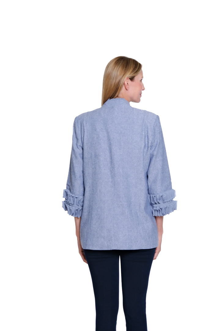 3/4 SLEEVE STAND COLLAR DOUBLE BUTTON LINED JACKET - CHAMBRAY BLUE